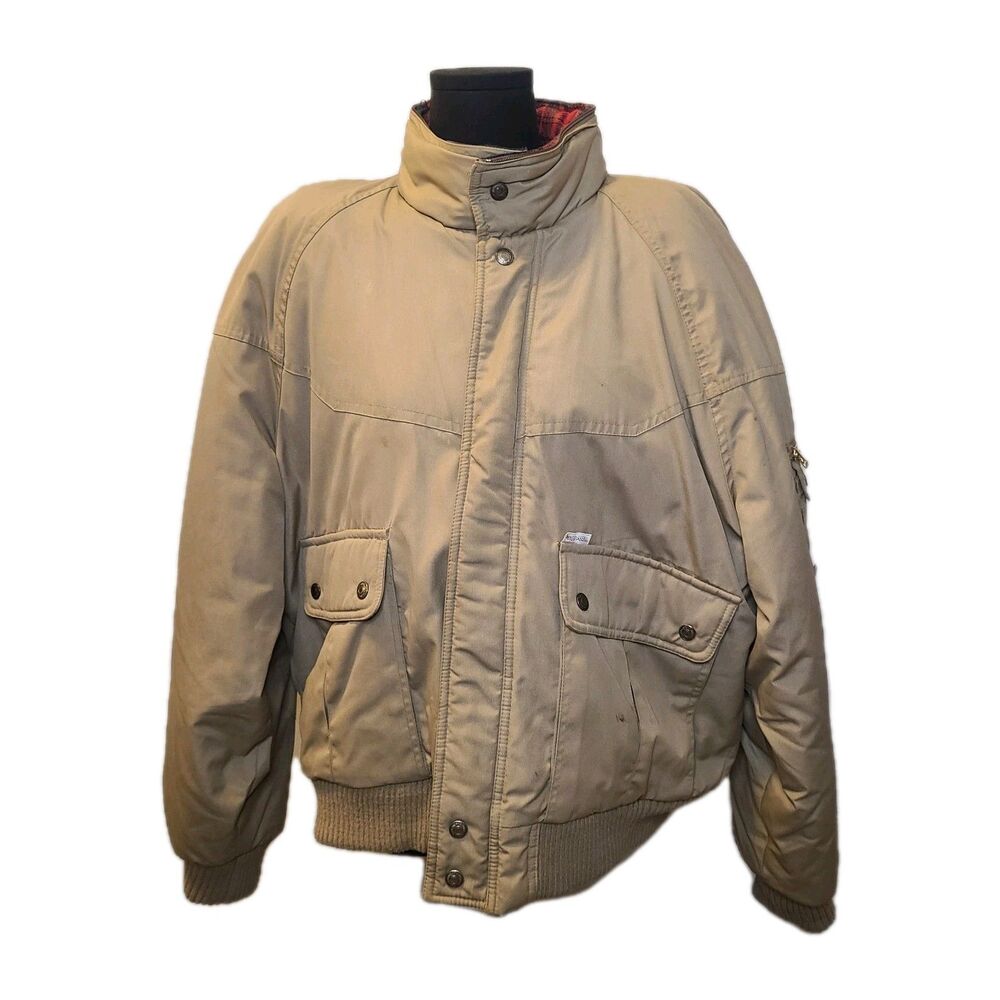 Vintage 80s Windbreaker Men's XL Tan Plaid Lined Bomber Jacket Coat Utility